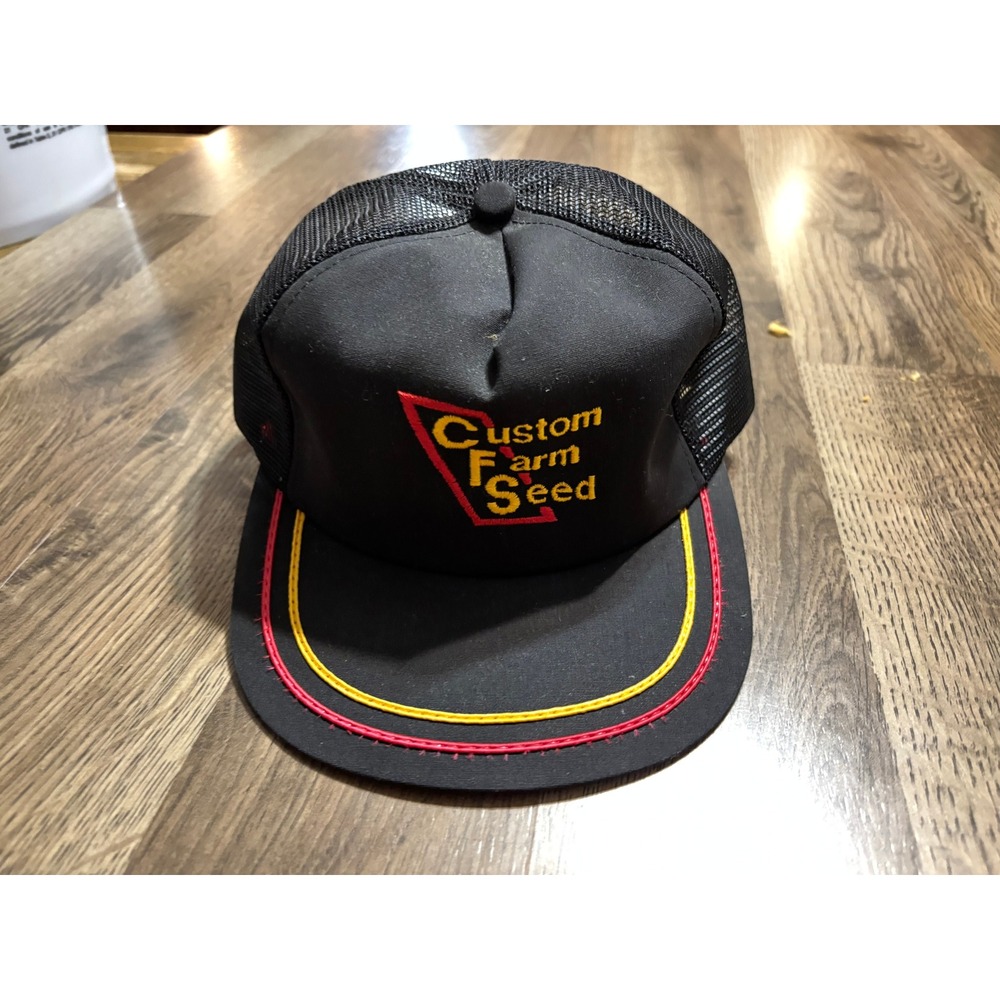 Vintage Custom Farm Seed Mens Size OS Black Trucker Hat Farm Seed Embroidery